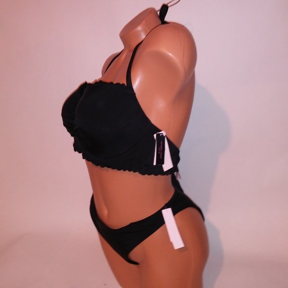 Victoria‎ Secret Swim Bikini 38C Top XL Bottom Black Solid Scallop Trim Lightly - Picture 7 of 10